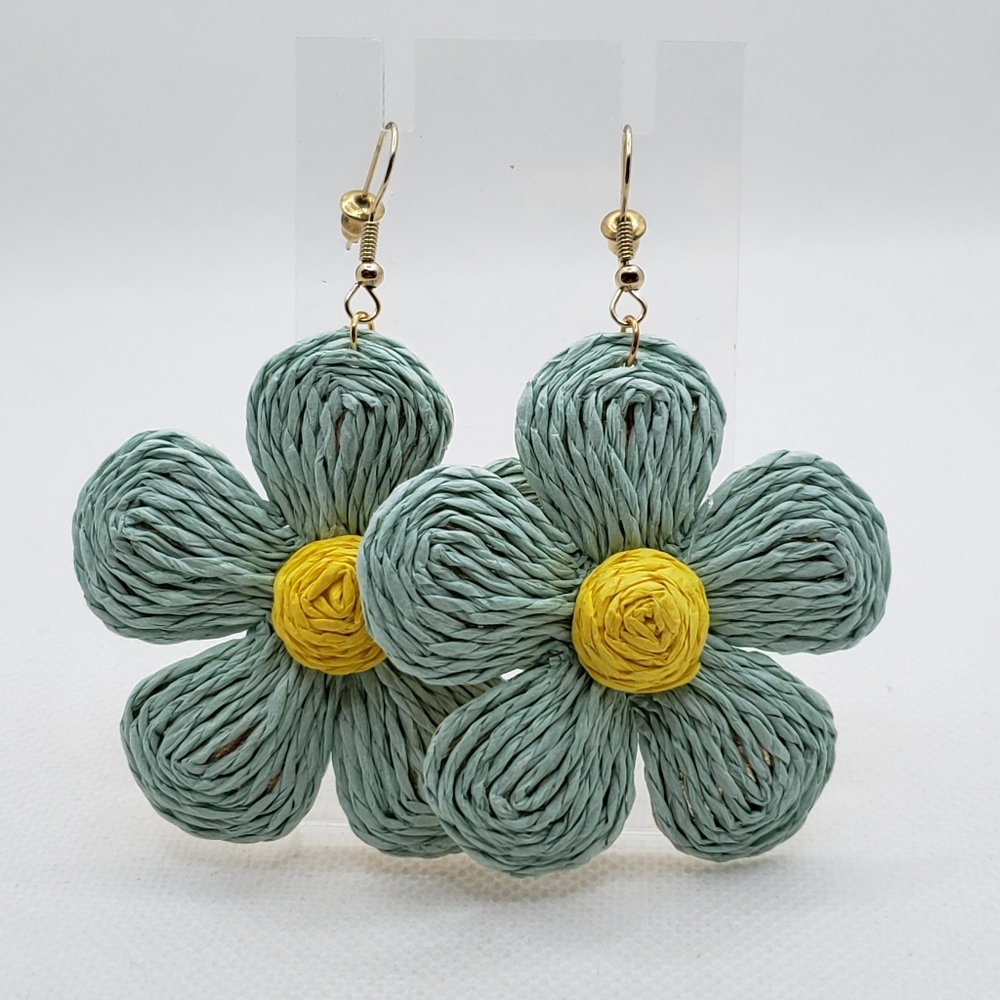 Floral Woven Earrings in Green and Yellow